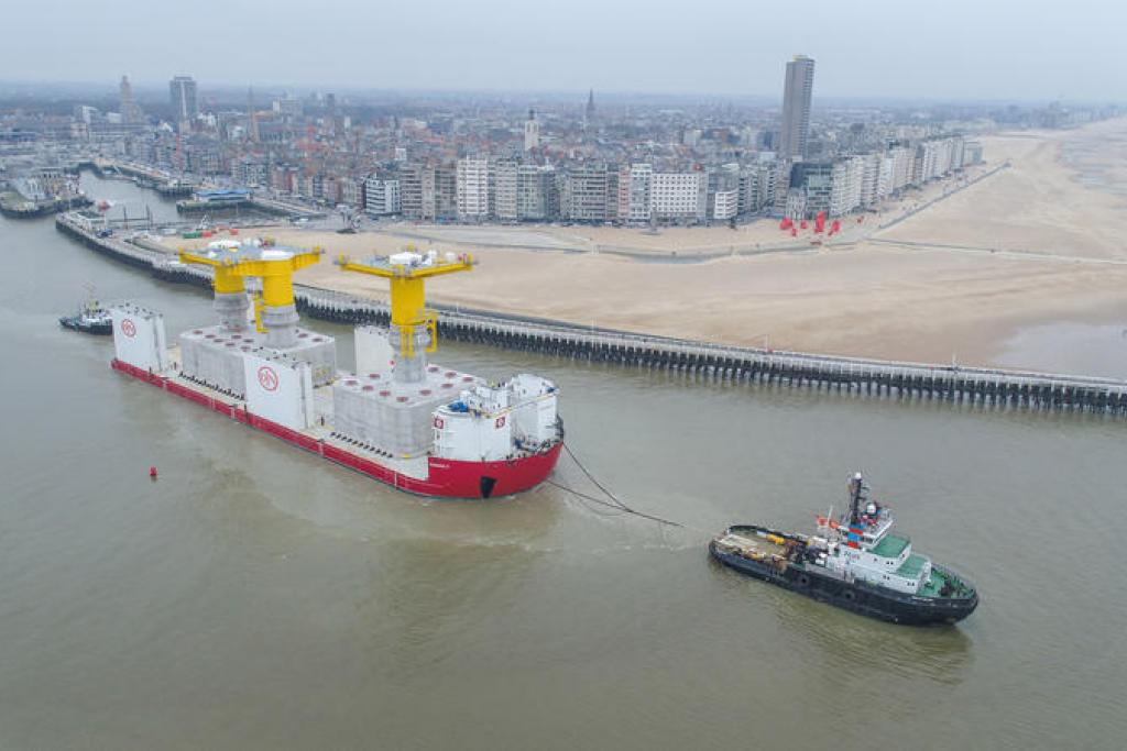 Gigantic foundations for the Danish offshore wind farm Kriegers Flak leave Port of Ostend